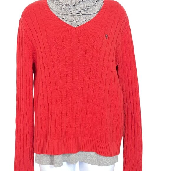 Chaps Red Cable Knit Sweater Large Long Sleeve V-Neck Womens Pullover 100% Cotto - Picture 1 of 8